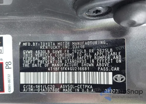 2016 Toyota Camry Xse z USA, uszkodzony, nr VIN 4T1BF1FK4GU216681